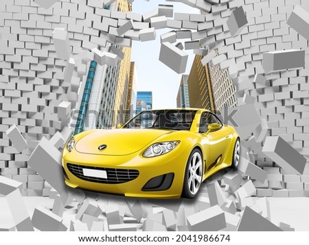 3d picture of a yellow car in a destroyed wall for digital printing wallpaper, custom design wallpaper Royalty-Free Stock Photo #2041986674
