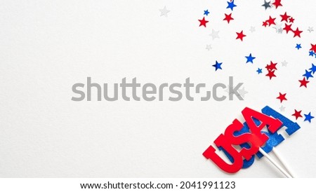 Happy Presidents Day concept. American flags color confetti stars and USA decorations on white background. Banner mcokup for USA Independence day, Columbus day, US Labor Day