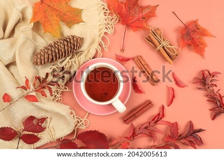Autumn composition flat lay, seasonal background with maple leaves, cinnamon and tea, . Happy Thanksgiving concept, greeting card, banner for screen,
