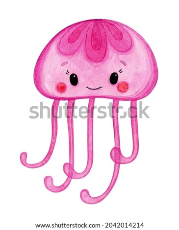 cute cartoon pink jellyfish. illustration for kids. Watercolor illustration