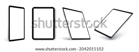 Tablet frame less blank screen, rotated position. Tablet from different angles. Mockup generic device set. UI, UX Template for infographics or presentation 3D realistic graphics tablet. Royalty-Free Stock Photo #2042015102