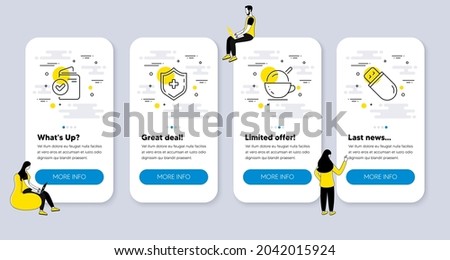 Vector Set of Business icons related to Ice cream, Medical shield and Verification document icons. UI phone app screens with people. Usb stick line symbols. Vector