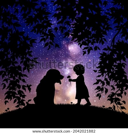 Girl and dog at night. Baby and pet silhouette. Starry sky, Milky Way