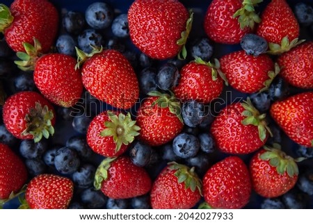 Background of assorted fresh berries of red juicy strawberries and blue blueberries close-up
