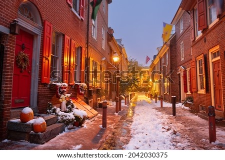 Philadelphia, Pennsylvania, USA at Elfreth's Alley in winter at twilight.