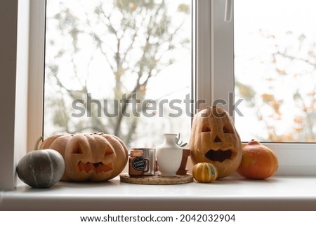 Carved pumpkins for halloween. home decor on window. thanksgiving 