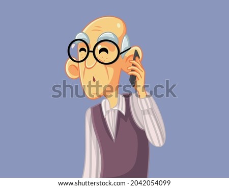 Surprised Grandfather Talking on the Phone Vector Cartoon Funny elderly person confused by new technology using a smartphone
