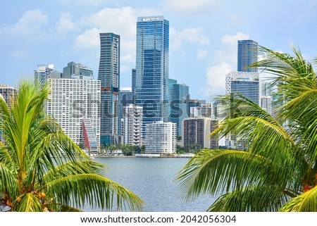 Downtown Miami skyline along waterfront seen through palm trees in South Florida