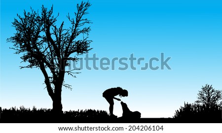 Vector Silhouette of people with dogs in nature.