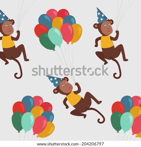 Monkeys flying with balloons. Childish wallpaper 