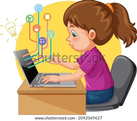 A girl using laptop computer for distance learning online illustration