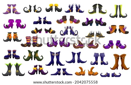 Cartoon boots, shoes of fairy, witch, wizard and warlock or sorceress and enchantress, vector icons. Halloween fairy witch or hellcat, dwarf elf or pixie magic boots or shoes with buckles and ribbons