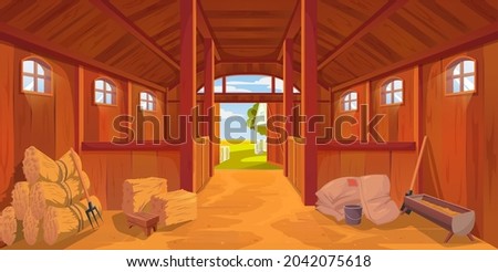 Farm stable or barn interior with sand floor, vector cartoon hayloft haystacks on wooden ranch. Farm house or stable inside on empty background, horse stalls or agriculture barn and farmhouse hut Royalty-Free Stock Photo #2042075618