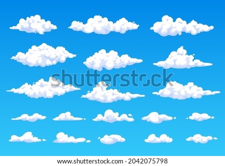 Cartoon fluffy white clouds in blue sky. Vector summer cloudscape, clouds in heaven. Soft and spindrift or cumulus weather and nature. Meteorology isolated white clouds Royalty-Free Stock Photo #2042075798