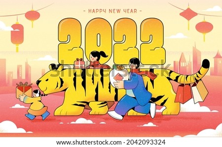 2022 Chinese new year banner. Traditional zodiac sign concept. Cute young Asian walking with a tiger to send gift and greeting to others.