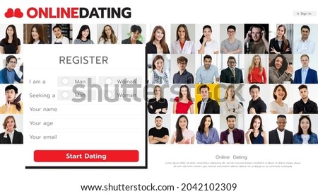 Screenshot homepage design of website for lovers match business with register application form icon and several nice men and women faces image profile. Concept of modern online dating service.