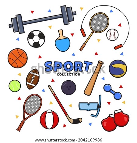 Set collection of sports equipment cartoon clip art icon illustration design flat cartoon style