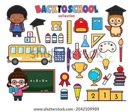 Set collection of cute back to school and equipment doodle clip art cartoon icon illustration flat cartoon style design