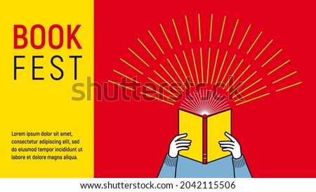 Banner for book festival. Open book as flashlight. Vector minimalist background. Design template for a library, education theme. Concept of striving for success. A person is reading a book.