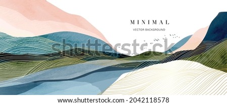 Mountain background vector. Minimal landscape art with watercolor brush and golden line art texture. Abstract art wallpaper for prints, Art Decoration, wall arts and canvas prints.  Royalty-Free Stock Photo #2042118578