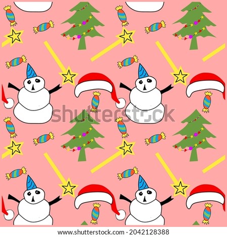 seamless christmas tree,magic wand santa claus hat,snow doll and candy.isolated on pink background