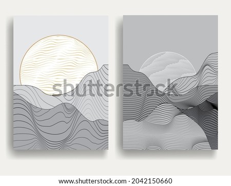 Modern poster with minimalist design elements . mountains and sunset in Boho style . Wall art , home deco . Vector abstract shape.