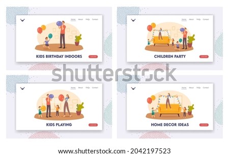 Children Party Decor Landing Page Template Set. Family Decorate Room Hang Garlands and Blow Balloons for Celebration. Parents and Kids Characters Prepare for Event. Cartoon People Vector Illustration