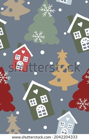 Christmas seamless pattern with houses, Christmas tree and snow. Scandinavian style. Can be used as wrapping paper, fabric pattern, wallpaper, pattern for phone cases, bags.
