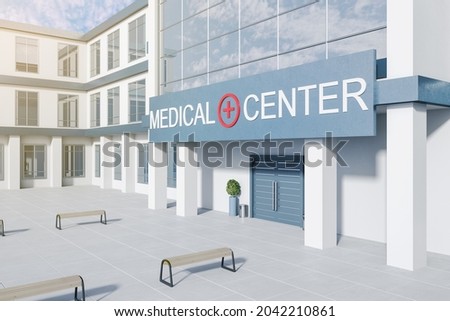 Creative bright medical center building exterior with benches, glass with reflections and daylight. 3D Rendering