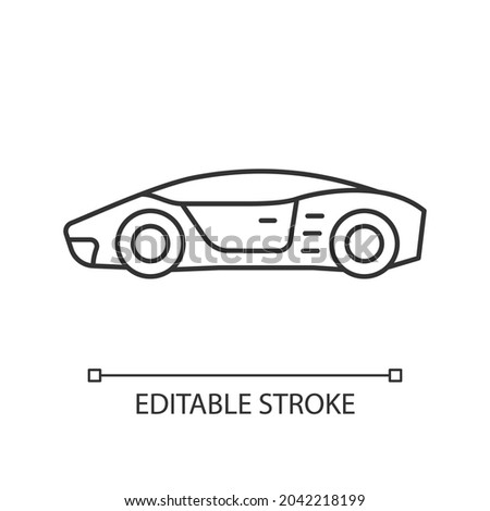 Top quality car linear icon. High-rated professional vehicle. Well-engineered sports auto model. Thin line customizable illustration. Contour symbol. Vector isolated outline drawing. Editable stroke Royalty-Free Stock Photo #2042218199