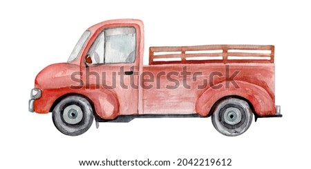Watercolor old-time red empty truck isolated on white background. Hand drawn high resolution