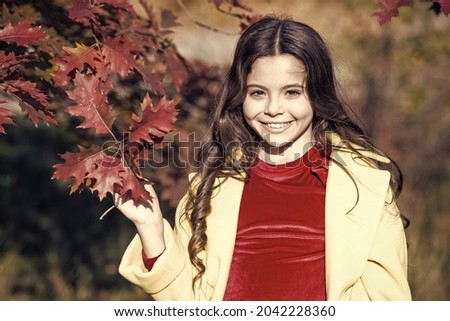 Hello october. Small girl play on fresh air on sunny autumn day. Little child walk in autumn park. Happy autumn holidays. Idyllic nature scene. Live this autumn
