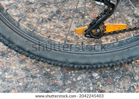 Mountain bike in the forest for cross-country competitions. The rear wheel and tire of a bicycle are close-up against the background of a dirt road.