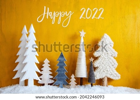 Christmas Trees, Snow, Yellow Wooden Background, Happy 2022