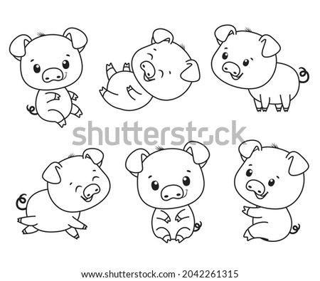 A collection of cute cartoon piglets. Black and white vector illustration for a coloring book. Contour drawing.