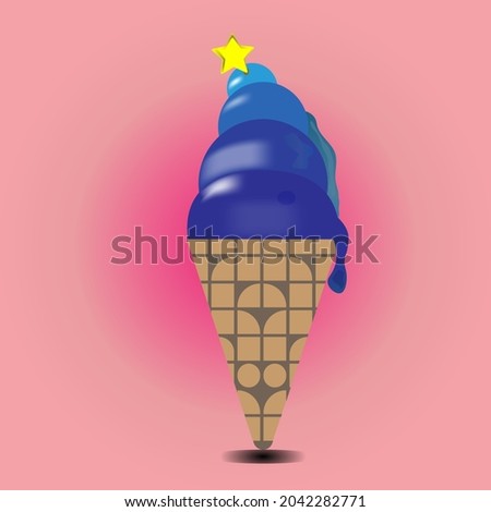 The cone shape has four layers of ice cream and has a star yellow on it. vector model