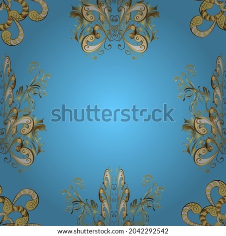 Damask gold abstract flower seamless pattern on yellow, beige and blue colors. Ornate decoration. Vector illustration.