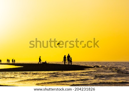 Gold sunset over the sand spit in the sea with silhouettes of people in the summer evening