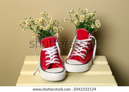 Beautiful tender chamomile flowers in red gumshoes on wooden table Royalty-Free Stock Photo #2042332124