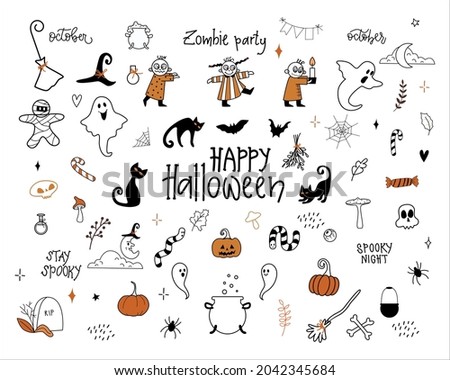 Happy Halloween. Big set of doodle style elements for your designs.