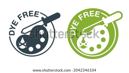 Dye free pictigram - products without artificial colors - organic food sticker with strikethrough painting pallette and eyedropper - vector packaging label in flat decoration Royalty-Free Stock Photo #2042346104