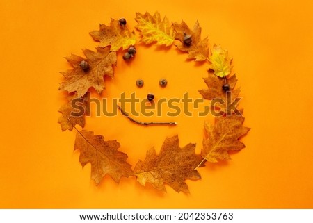 Crafts for children. Autumn fallen leaves and acorns in the form of a smile of the sun on a bright orange background. View from above