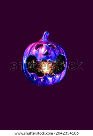 Cyberpunk halloween neon glow pumpkin with miracle candle magic firing out of mouth. Minimal dark plum background.