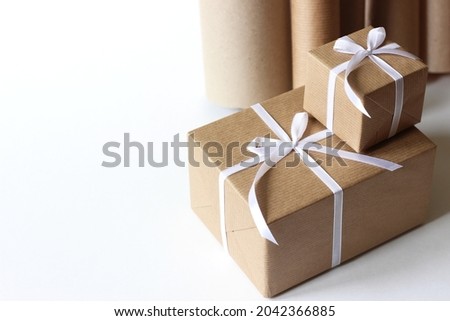 Christmas, New Year Gift Boxes Packaging. Holidays Minimal Neutral Mockup with Copy Space.