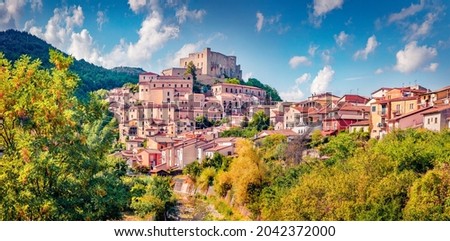 Panoramic summer view of Caracciolo di Brienza Castle. Sunny morning cityscape of Brienza town, Italy, Europe. Traveling concept background.
 Royalty-Free Stock Photo #2042372000