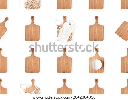 Seamless pattern with stylish kitchen utensils: wooden and ceramic kitchen board, bowl, eco bag. Concept zero waste, flat lay.