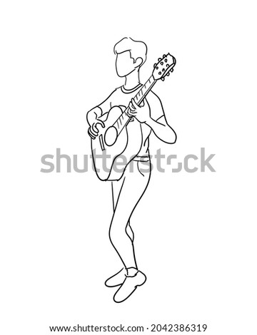 line drawing man standing playing guitar.Isolated on a white background.