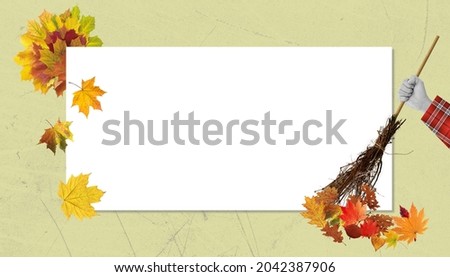 Attributes, symbols of autumn. Minimalism, contemporary art collage. Inspiration, idea, trendy urban magazine style. Fall mood, vibe, weather, beauty and nature concept. Card with copy space for ad