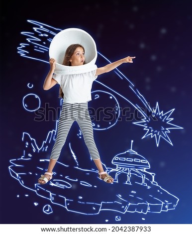 Exploring space. Creative artwork with little girl in huge white astronaut helmet standing among drawn planets, asteroids and stars in outer space. Ideas, inspiration, imagination. Collage Royalty-Free Stock Photo #2042387933