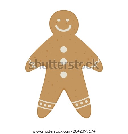 Gingerbread man with white glaze decor. Symbol of christmas. Winter holiday traditional cookie. Hand drawn vector illustration